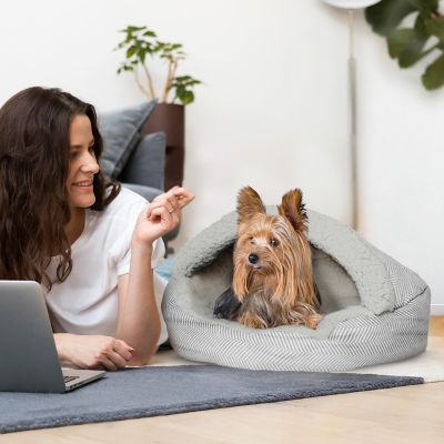 Image showing  Plush Fleece-Lined Deep Dish Herringbone Cave Pet Bed