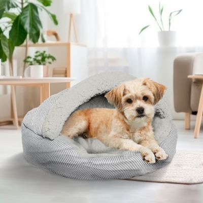 Image showing  Plush Fleece-Lined Deep Dish Herringbone Cave Pet Bed