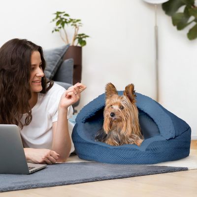 Image showing  Plush Fleece-Lined Deep Dish Herringbone Cave Pet Bed