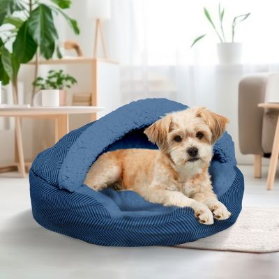 Image showing  Plush Fleece-Lined Deep Dish Herringbone Cave Pet Bed