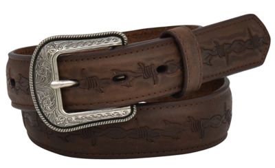 3D Belt Boys' Embossed Design Barbed Wire Leather Belt, 20 in. x 1-1/4 in., Brown