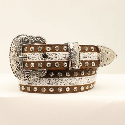 3D Belt Girls' Lace Design Studded Belt, Distressed Brown/White, 1-1/4 in. W