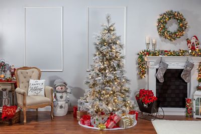 Image showing  7 ft. Pre-Lit Lightly Flocked Snowbell Pine Artificial Christmas Tree, Twinkle Lights