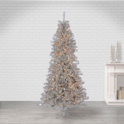 Image showing  7.5 ft. Silver Curly Tinsel Artificial Christmas Tree, Clear Lights