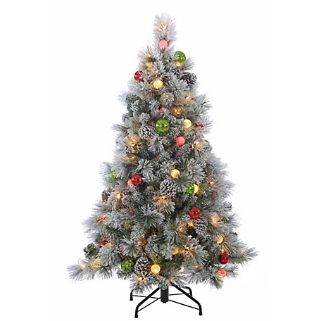Sterling Tree Company 4.5 ft. Flocked Hard Needle Pine Pre-Lit Artificial Christmas Tree with 150 White Lights & Ornaments