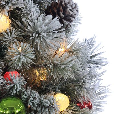 Image showing  4.5 ft. Pre-Lit Flocked Hard Needle Pine Artificial Christmas Tree with Ornaments, White Lights
