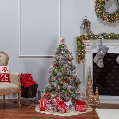 Image showing  4.5 ft. Pre-Lit Flocked Hard Needle Pine Artificial Christmas Tree with Ornaments, White Lights