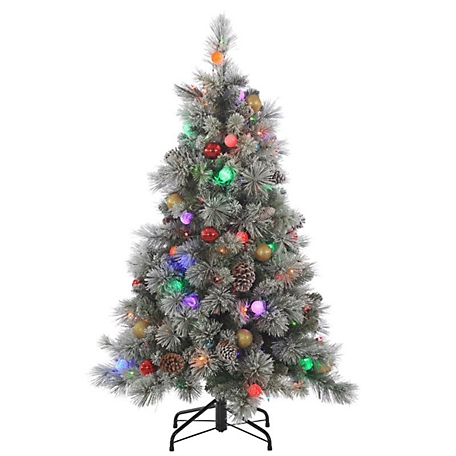 Sterling Tree Company 4.5 ft. Pre-Lit Flocked Hard Needle Pine Pre-Lit Artificial Christmas Tree, 150 Colored Lights, Ornaments