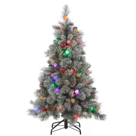 Sterling Tree Company 4.5 Feet Pre-Lit Flocked Hardwood Pine Artificial Christmas Tree 150 Colorful Lights Ornaments Artificial Christmas Trees