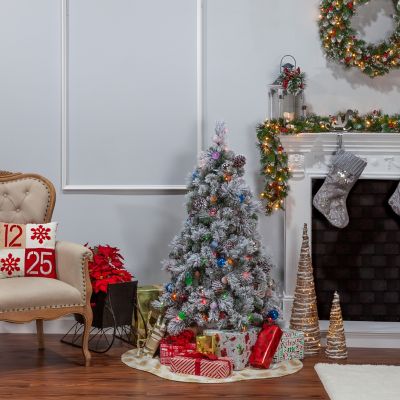 Image showing  4.5 ft. Pre-Lit Flocked Hard Needle Pine Artificial Christmas Tree with Ornaments, Colored Lights