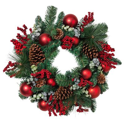 Gerson International 24 in. Holiday Wreath with Pinecones Red Berries and Ornaments