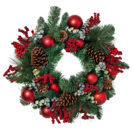 Gerson International 24" Artificial Christmas Wreath with Pine Cones Red Berries and Ornaments Artificial Christmas Wreaths