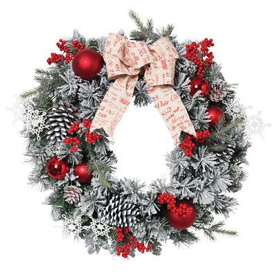 Gerson International 24 in. Accented Flocked Pine Holiday Wreath with Short and Long Needles, Berries and Ornament