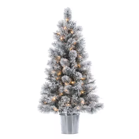 Sterling Tree Company 4.5 Foot Flock Hardmix Needle Potted Artificial Christmas Tree Artificial Christmas Trees