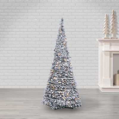 Image showing  6 ft. Pop-Up Flocked Holly Leaves Pine Pre-Lit Artificial Christmas Tree with 200 White Lights