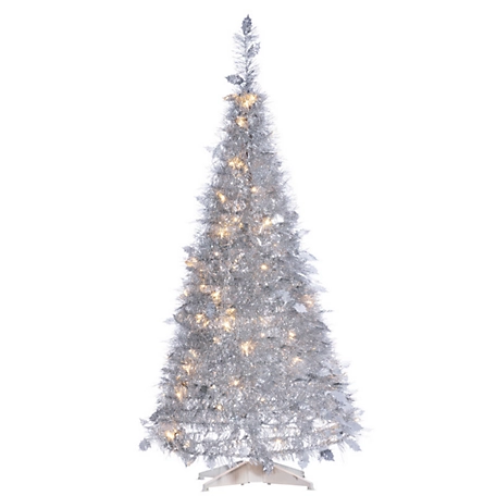Sterling Tree Company 4 ft. Pop-Up Silver Tinsel and Holly Leaves Pre-Lit Artificial Christmas Tree with 100 White Lights