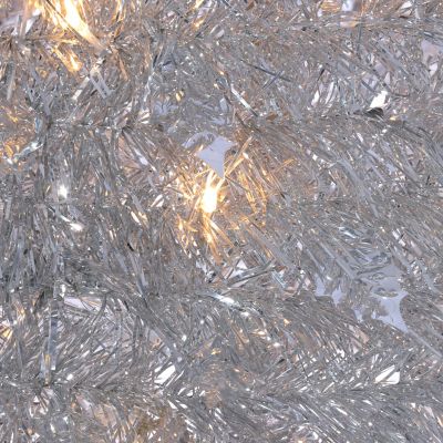 Image showing  4 ft. Pre-Lit Pop-Up Silver Tinsel and Holly Leaves Artificial Christmas Tree, White Lights