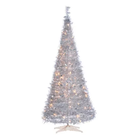 Sterling Tree Company 6 Foot Pre-Lit Artificial Christmas Tree with Silver Tinsel and Holly Leaves with 200 White Lights Artificial Christmas Trees