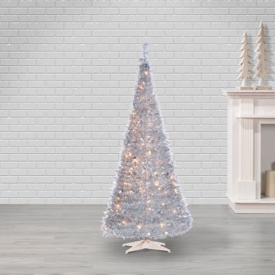 Image showing  6 ft. Pre-Lit Pop-Up Silver Tinsel and Holly Leaves Artificial Christmas Tree, White Lights