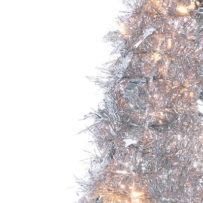 Image showing  6 ft. Pre-Lit Pop-Up Silver Tinsel and Holly Leaves Artificial Christmas Tree, White Lights