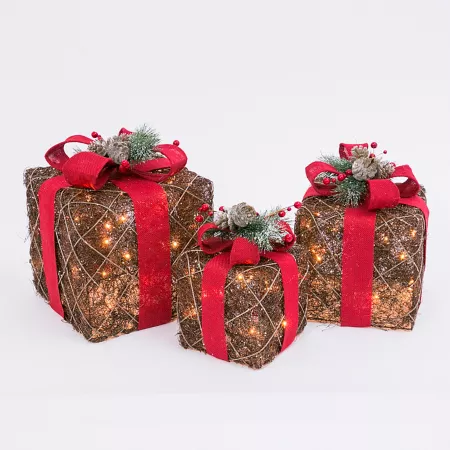 Gerson International S3 Electric Lighted Natural Vine Gift Boxes Christmas Pillows & Blankets