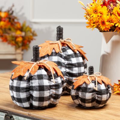 Gerson International Fabric Black and White Plaid Pumpkins Harvest Decor with Leaf Accent, 3-Pack