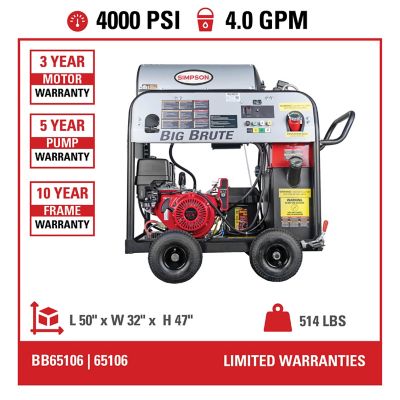Image showing  4,000 PSI 4 GPM Gas Hot Water Big Brute Pressure Washer with COMET Triplex Plunger Pump, Honda GX390 Engine, 49-State