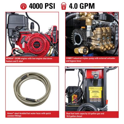 Image showing  4,000 PSI 4 GPM Gas Hot Water Big Brute Pressure Washer with COMET Triplex Plunger Pump, Honda GX390 Engine, 49-State