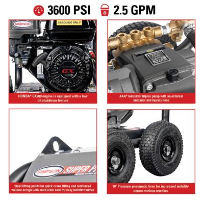 Image showing  3,600 PSI 2.5 GPM Gas Cold Water SuperPro Roll-Cage Pressure Washer with Honda GX200 Engine and Triplex Plunger Pump