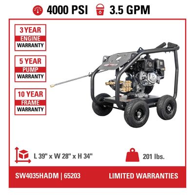 Image showing  4,000 PSI 3.5 GPM Gas Cold Water SuperPro Roll-Cage Pressure Washer, Triplex Plunger Pump, Honda GX270 Engine, 49-State