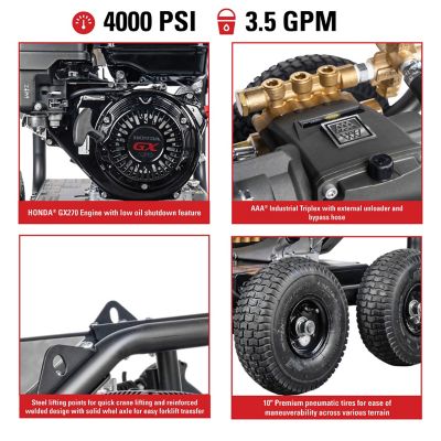 Image showing  4,000 PSI 3.5 GPM Gas Cold Water SuperPro Roll-Cage Pressure Washer, Triplex Plunger Pump, Honda GX270 Engine, 49-State
