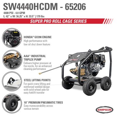 Image showing 8 th SIMPSON 4,400 PSI 4 GPM Gas Cold Water SuperPro Roll-Cage Pressure Washer, Triplex Plunger Pump, Honda GX390 Engine, 49-State