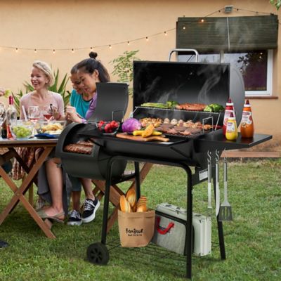 Image showing 9 th Royal Gourmet Barrel Charcoal Grill with Offset Smoker and Front and Side Tables, 811 sq. in., Black