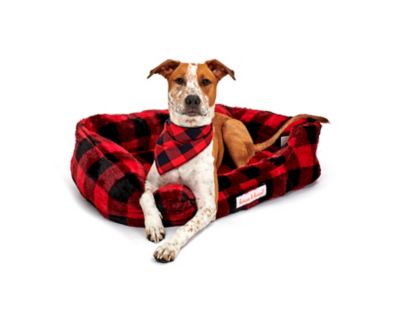 House & Hound Mink Plaid Dog Bed, Large, Red/Black