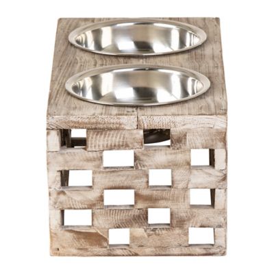 Image showing 6 th Huntley Equestrian Berjen Block Elevated Wood Double Diner Pet Bowl Set