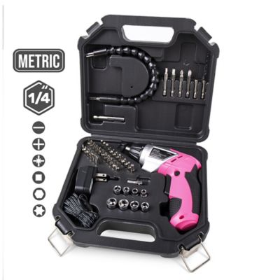 Image showing  Cordless 3.6V Lithium-Ion Screwdriver, Rechargeable, 45 pc. Set, Pink