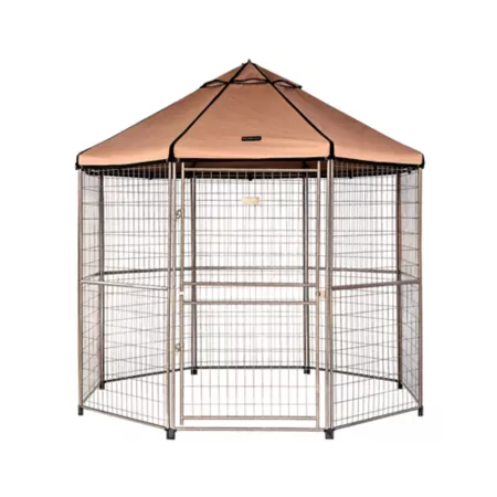 Pet Gazebo 8' x 8' x 8' Welded Wire Dog House with Earth Taupe Brown Cover Pet Exercise Pens