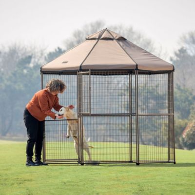 Image showing 5 th Pet Gazebo 8 ft. x 8 ft. x 8 ft. Welded Wire Dog Kennel with Earth Taupe Brown Cover