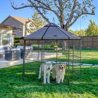 Image showing 6 th Pet Gazebo 8 ft. x 8 ft. x 8 ft. Welded Wire Dog Kennel with Earth Taupe Brown Cover