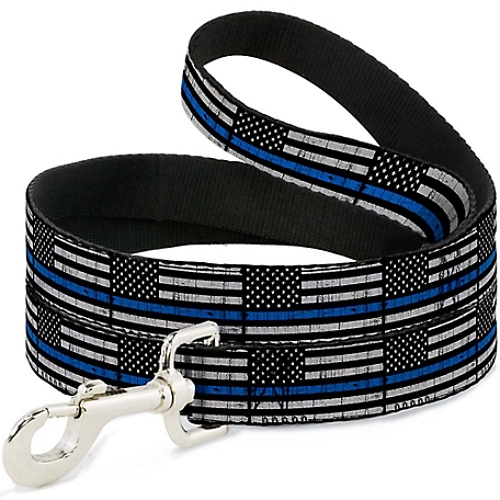 Buckle-Down Thin Blue Line Flag Weathered Dog Leash, Black/Gray/Blue