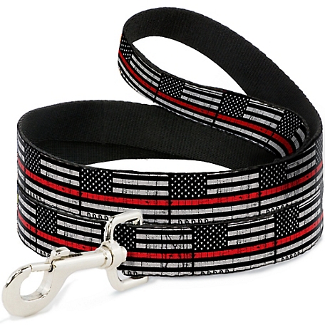 Buckle-Down Thin Red Line Flag Weathered Dog Leash, 1 in. x 4 ft., Black/Gray/Red