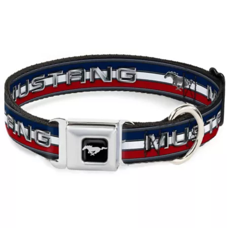 Mustang Text Buckle Dog Collar with Three Bar Stripes with Seat Belt Buckle Dog Basic Collars