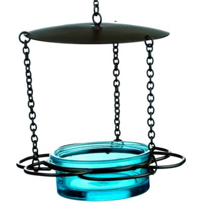 Mosaic Birds Hanging Glass Bowl Floral Bird Feeder, 3.4 oz. Capacity, Aqua