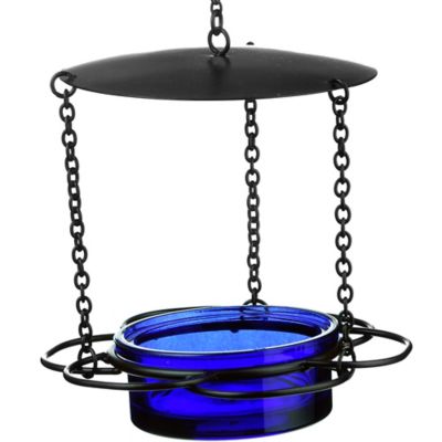 Mosaic Birds Hanging Glass Bowl Floral Bird Feeder, 3.4 oz. Capacity, Cobalt Blue