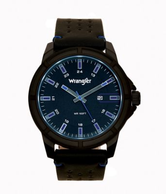 Wrangler Men's 48 mm Case Sport Watch with Polyurethane Strap, Black/Blue Accent Stitching