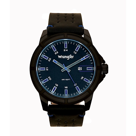 Wrangler Men's 48 mm Case Sport Watch with Polyurethane Strap, Black/Blue Accent Stitching
