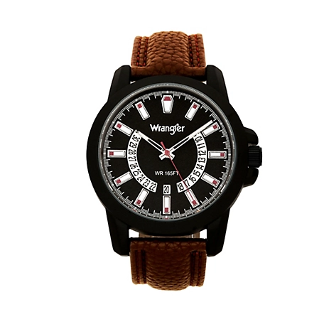 Wrangler Men's 46 mm Case Sport Watch, Black/Brown Strap