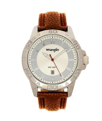 Wrangler Men's 46 mm Case Sport Watch, Silver Case/Grey and Gold Dial/Brown Strap