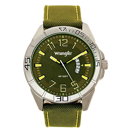 Wrangler Men's 50 mm Case Sport Watch with Nylon Strap, Silver/Green