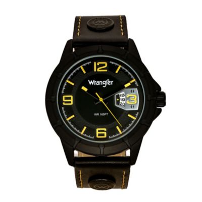 Wrangler Men's 48 mm Case Sport Watch with Nylon Strap, Black/Yellow Accent Stitching